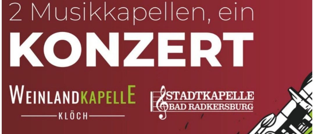 Ein Plakat für ein Konzert in Bad Radkersburg mit zwei Musikkapellen. Der Text in weiß lautet '2 Musikkapellen, ein Konzert'. Das Konzert beginnt um 19:00 Uhr am 17. Mai.