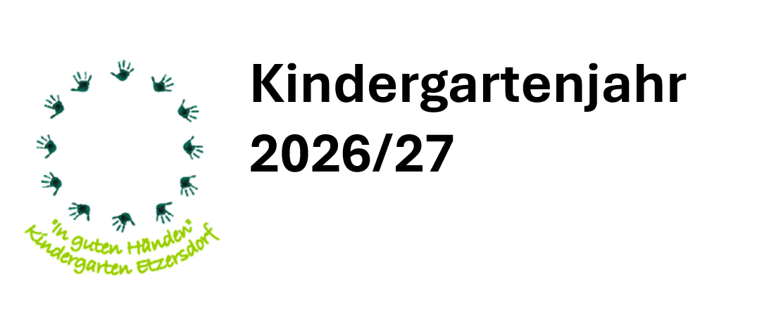 Ein Plakat mit den Worten 'Kindergartenjahr 2026/27' in großen schwarzen Buchstaben. Das Plakat zeigt eine Reihe grüner Handabdrücke, die in einem Kreis angeordnet sind. Der Text 'Handendorf' ist in Grün unter den Handabdrücken geschrieben.