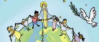 Ein bunter Buchdeckel zeigt eine Erde mit Kindern, die Händchen halten, die Jungfrau Maria in der Mitte, eine Taube darüber und ein Motto in Deutsch.