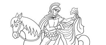 Ein gepanzerter Ritter reitet auf einem Pferd und hält ein Tuch. Darunter kniet ein Mann mit einer Schüssel vor ihm und blickt zum Ritter auf.