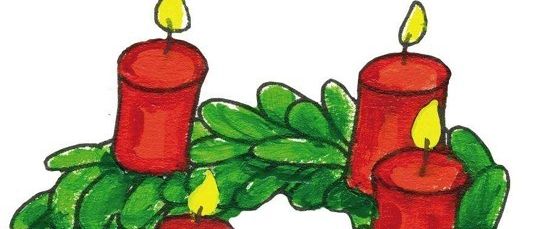 Illustration eines Kranzes mit vier roten Kerzen, jede entzündet, in einer kreisförmigen Form auf einem weißen Hintergrund angeordnet.