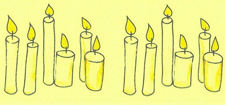 Auf einem gelben Hintergrund ist eine Reihe von Kerzen zu sehen, alle mit gelben Flammen beleuchtet, in einer geraden Linie mit gleichmäßigem Abstand angeordnet.