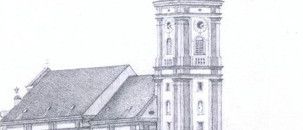 Eine Schwarz-Weiß-Zeichnung einer Kirche mit einem hohen Turm und mehreren Fenstern. Sie befindet sich in einer Stadt mit kleineren Gebäuden im Vordergrund.