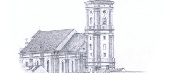 Eine altmodische schwarz-weiße Zeichnung einer Kirche mit einem hohen Turm, einem Kreuz und einem Uhrenturm, umgeben von kleineren Gebäuden.