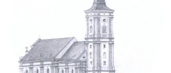 Eine Schwarz-Weiß-Zeichnung einer Kirche mit einem hohen Kirchturm und einem Kreuz oben. Das Gebäude hat Rundbogenfenster und eine Uhr in der Mitte.