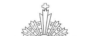 Eine Schwarz-Weiß-Zeichnung eines religiösen Symbols mit einem Kreuz oben und Strahlen darum herum, auf einem Ständer.