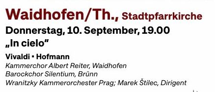 Plakat für das Allegro Vivo Festival in Österreich, das ein großes Publikum in einer Kirchenumgebung mit Musikern zeigt. Die Veranstaltung trägt den Titel 'In Cielo' und umfasst Vivaldi und Hofmann. Der Termin ist der 10. September um 19:00 Uhr.