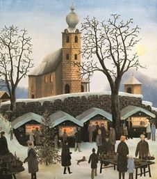 Ein Gemälde zeigt eine verschneite Dorfszene mit einer Kirche, Glockenturm und Marktständen. Menschen in Winterkleidung gehen herum, und einige stehen in der Nähe von Ständen mit Artikeln. Bäume umgeben das Gebiet, und es ist ein klarer Himmel.