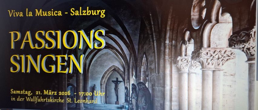 A banner for an event in Salzburg, showing a church interior with statues and a cross. Time is 17:00, at St. Leonhard.