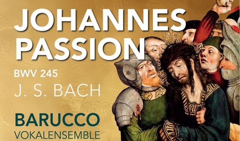Plakat für Johanns Passion von J.S. Bach. Dargestellt sind Jesus, Barucco Chor und Orchester, dirigiert von Heinz Ferlesch.