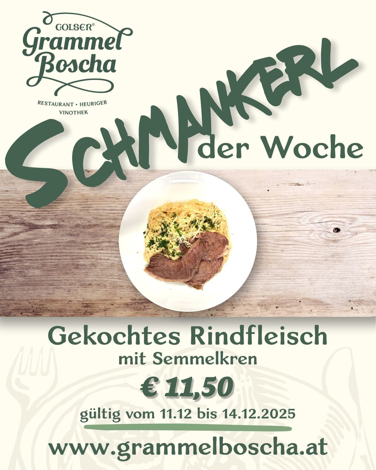 An advertisement for a restaurant featuring a dish of cooked beef with sesame seeds, priced at 11.50 euros, valid from November 12 to December 14, 2025.