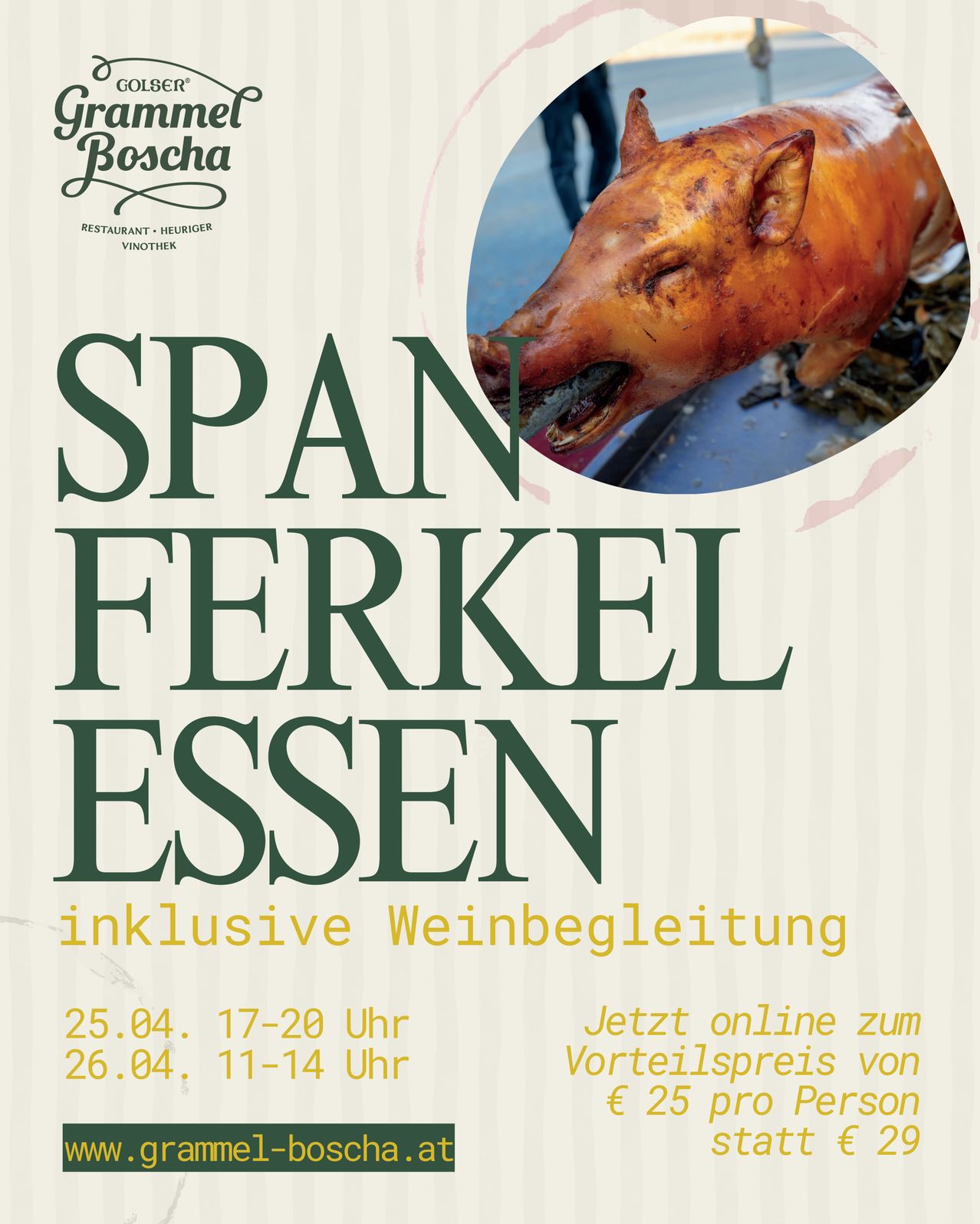 Spanish pork feast event with wine pairing, 25.04 17-20, 26.04 11-14. Online booking for €25 per person.
