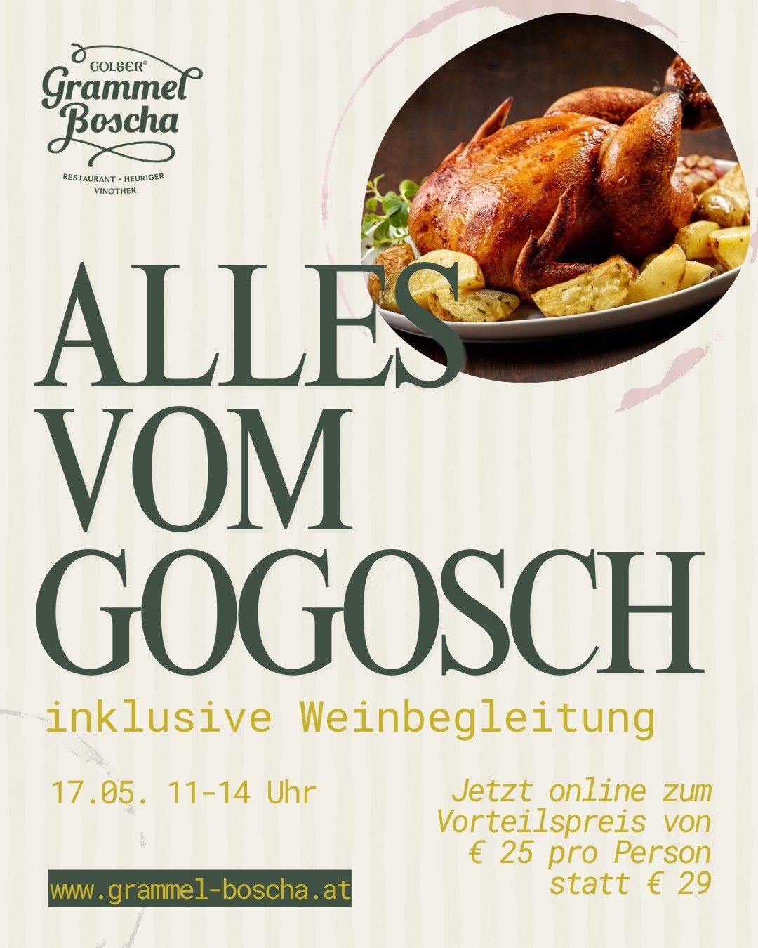 Werbeanzeige für ein Restaurant-Event mit gebratenem Huhn und Kartoffeln, inklusive Weinbegleitung, zum Vorteilspreis von 25 pro Person.