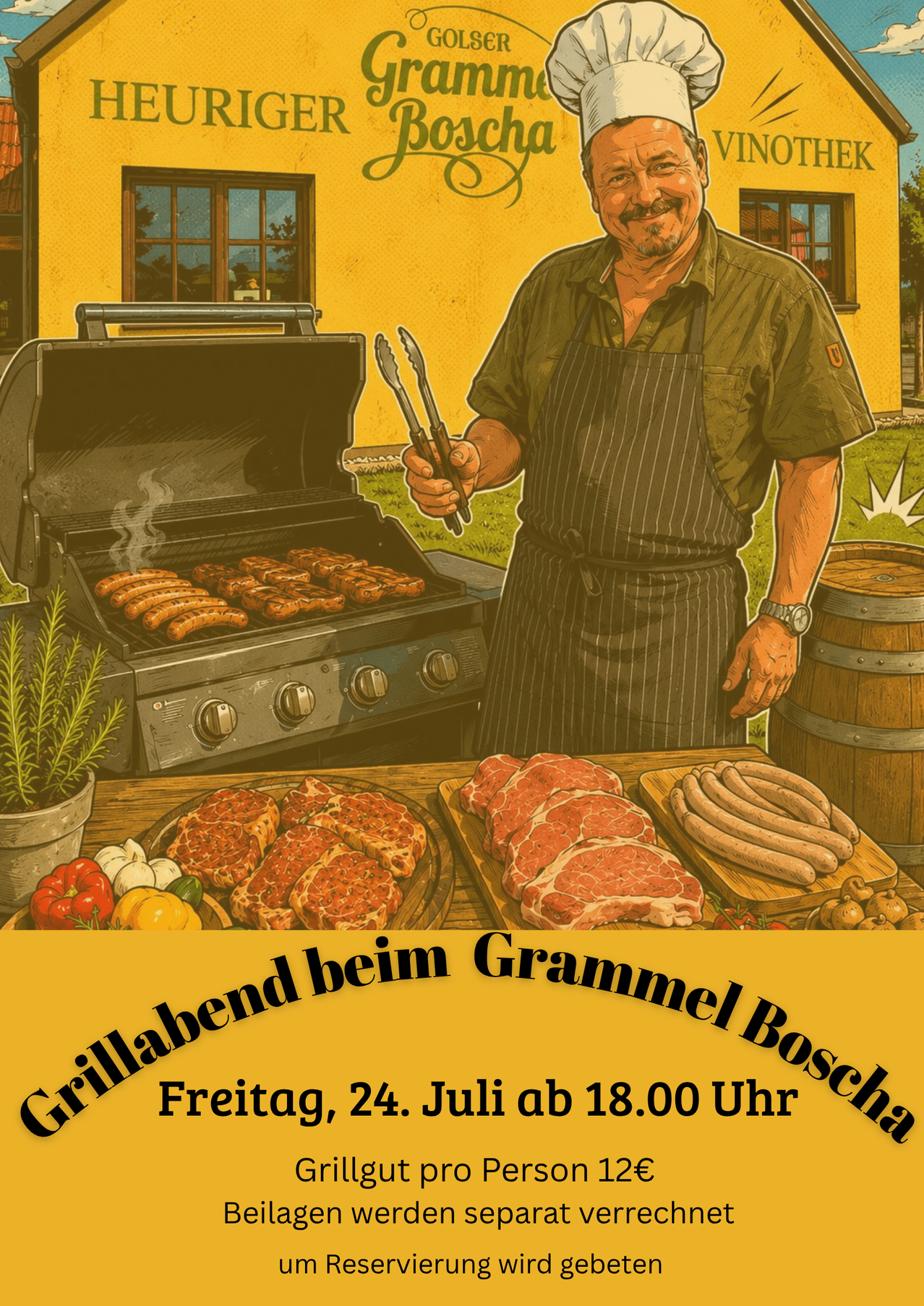 An illustration of a man grilling sausages and steaks on a grill with vegetables and a barrel in the background.