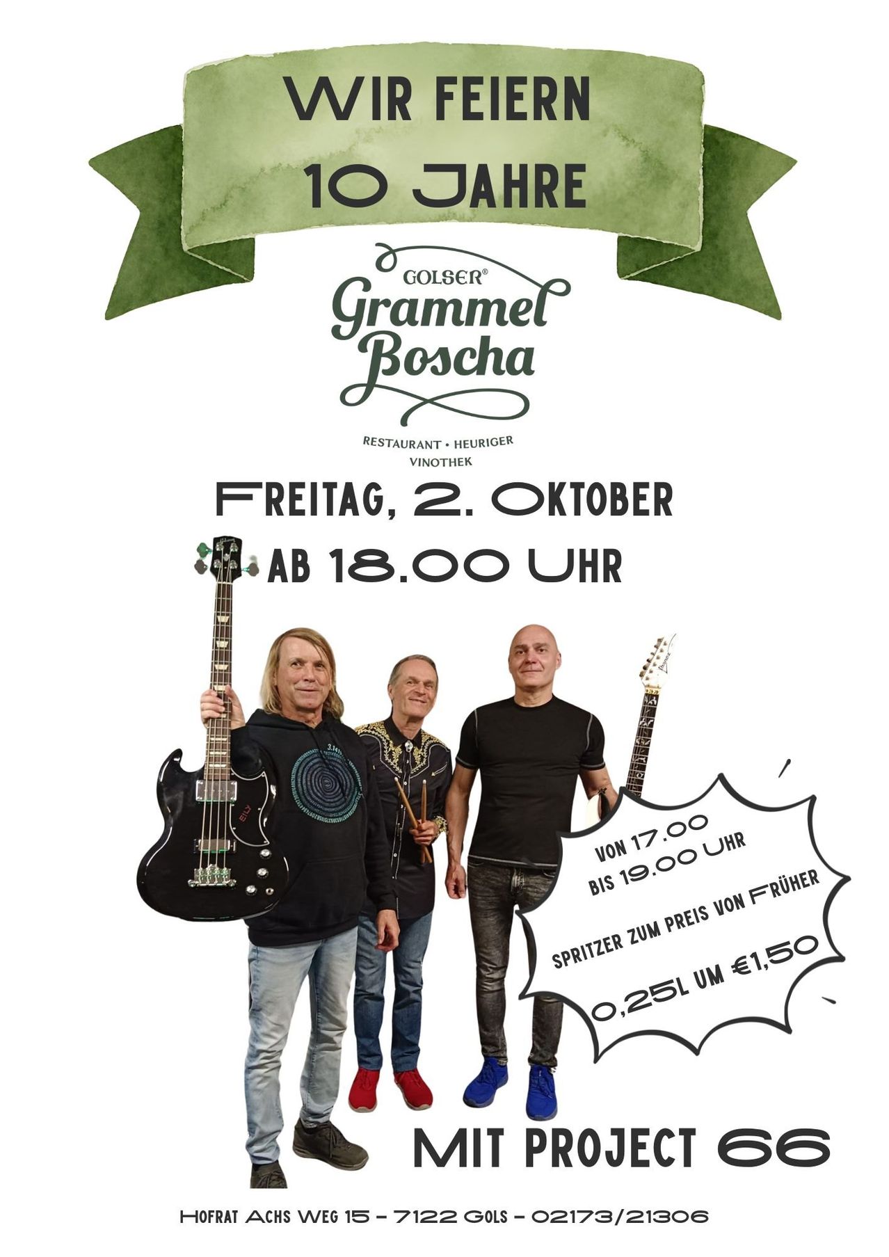 Ein Plakat für ein Musikevent mit drei Männern, die Gitarren halten. Die Veranstaltung trägt den Titel 'Grammel Boscha' und ist für Freitag, den 2. Oktober, ab 18 Uhr geplant. Der Veranstaltungsort ist ein Restaurant namens 'Heuriger Vinothek'. Das Plakat enthält auch einen Preis für ein Getränk.