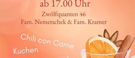 Eine Werbung für Punsch & Glühwein am Samstag, 20. Dezember 2025, ab 17.00 Uhr. Es zeigt einen Krug mit Punsch mit Chili, Zimt und Orangenscheiben. Familie Nemetschek und Familie Kramer sind Gastgeber.