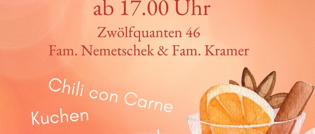 Eine Werbung für Punsch & Glühwein am Samstag, 20. Dezember 2025, ab 17.00 Uhr. Es zeigt einen Krug mit Punsch mit Chili, Zimt und Orangenscheiben. Familie Nemetschek und Familie Kramer sind Gastgeber.