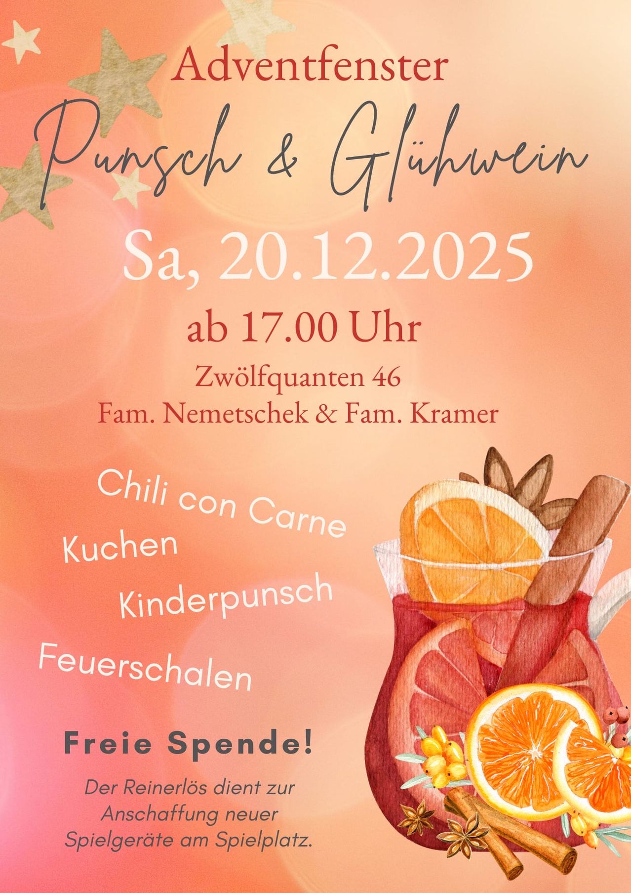 Ein Plakat für eine Veranstaltung mit Punsch und Glühwein am Samstag, den 20. Dezember 2025, ab 17.00 Uhr. Es zeigt ein Getränk mit Chili con Carne, bestehend aus einem Glas mit Orangen und Gewürzen. Von den Familien Nemetschek und Kramer veranstaltet.