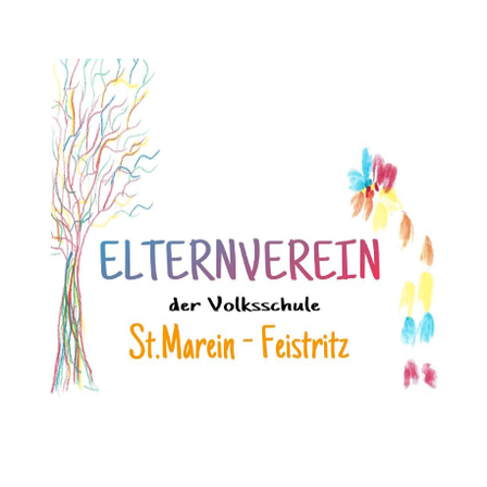 Ein farbenfrohes Logo für den Elternverein der Volksschule in St. Marein-Feistritz. Es zeigt einen Baum mit bunten Blättern und einen Schmetterling.