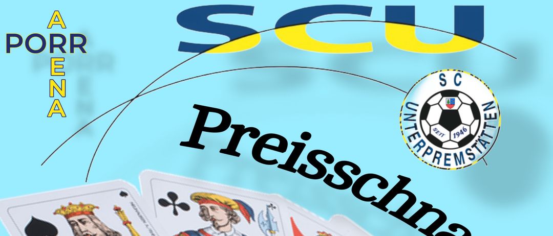 Werbeposter für ein Kartenspiel-Event in der Kantine SC Unterpremstatten. Datum: 22.11.2025, Zeit: 14:00 Uhr. Drei Preise: 300€, 200€ und 100€. Mit blauem Hintergrund, Pokerkarten und einem Fußballlogo.