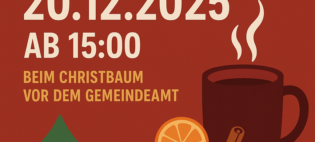 Plakat für die Jugendfeuerwehr Litzelsdorf mit rotem Hintergrund, einer Tasse Glühwein mit Zimtstange und Orangenscheibe und einem Weihnachtsbaum. Datum: 20.12.2025, Zeit: 15:00, Ort: Vor dem Rathaus.