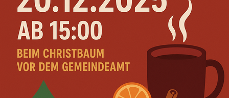 Plakat für die Jugendfeuerwehr Litzelsdorf mit rotem Hintergrund, einer Tasse Glühwein mit Zimtstange und Orangenscheibe und einem Weihnachtsbaum. Datum: 20.12.2025, Zeit: 15:00, Ort: Vor dem Rathaus.