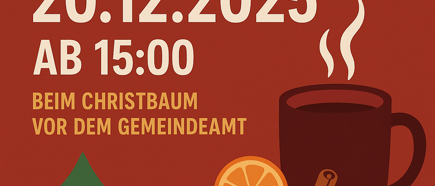 Plakat für die Jugendfeuerwehr Litzelsdorf mit rotem Hintergrund, einer Tasse Glühwein mit Zimtstange und Orangenscheibe und einem Weihnachtsbaum. Datum: 20.12.2025, Zeit: 15:00, Ort: Vor dem Rathaus.