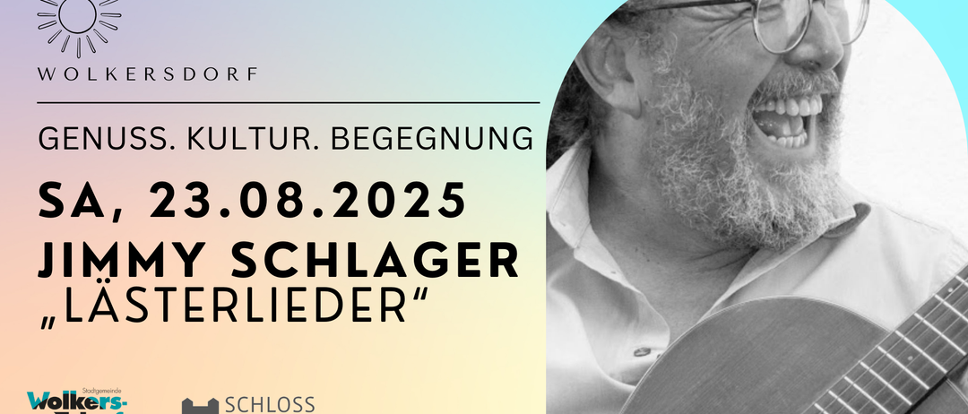 Ein Bild eines bärtigen Mannes, der eine Gitarre spielt. Darunter steht der Text 'Schlager Lieder' und darunter das Datum '08.2025'.