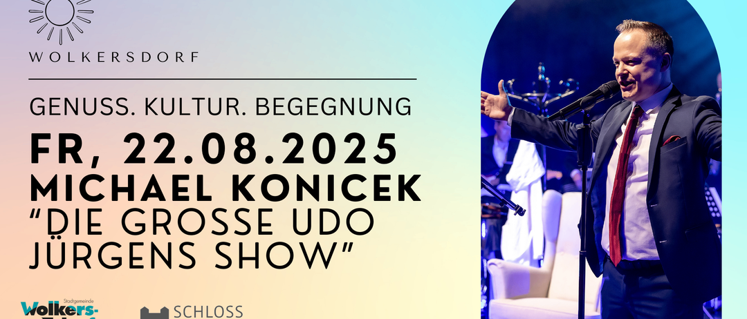 Veranstaltungsplakat für Udo Konickes Show am 8. August 2025 im Schloss Volksdorf Kultur Begegnung. Eine Person gibt einen Daumen hoch und hält ein Mikrofon.
