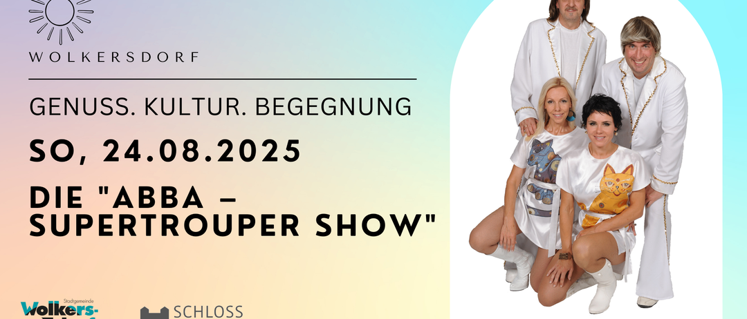 Plakat für eine Show im Schloss Volkersdorf am 25. August 2025 mit einem Mann und einer Frau in Retro-Disco-Outfit, beide lächeln, und einem Logo für Schloss Volkersdorf in der unteren linken Ecke.