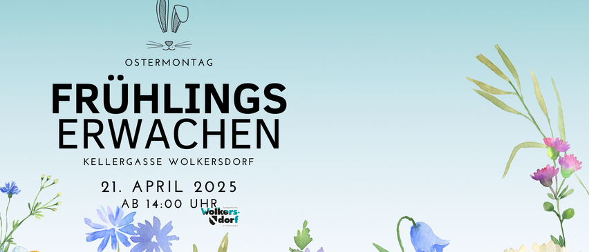 Plakat für eine Ostereiersuche in einem Dorf mit Blumen und einem Katzenkopf, Datum ist April 2025.