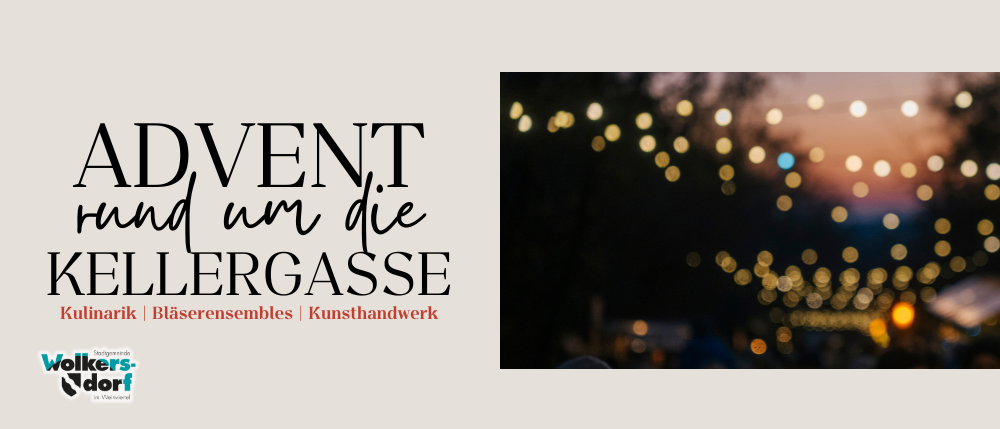 Ein Banner mit dem Text 'ADVENT und um die ILLERGASSE' und verschwommenen Lichtern im Hintergrund. Der Text ist in Schwarz und Rot gehalten.
