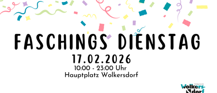 Ein Plakat bewirbt eine Feier am 17. Februar 2026 von 10:00 Uhr bis 23:00 Uhr am Hauptplatz von Wolkersdorf. Bunte Konfetti und Bänder schmücken das Plakat.