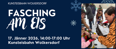 Plakat für 'Skiing Eis 2026' in Volkersdorf, zeigt Erwachsene und Kinder beim Eislaufen. Zeit: 14:00-17:00 Uhr.