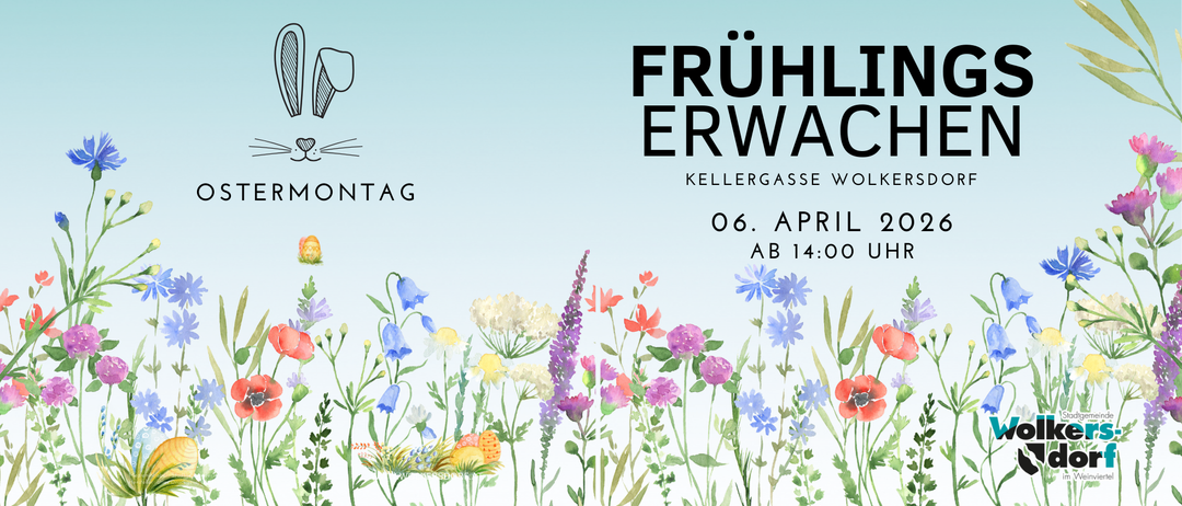 Ein Eventposter fur 'Fruhling Erwach' am 6. April um 14 Uhr in der Kellergasse Wolke. Ein Blumendesign schmuckt den unteren Teil des Posters.