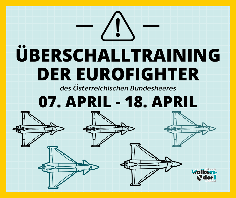 Plakat für Eurofighter-Training im April mit Ausrufezeichen und mehreren Eurofighter-Flugzeugdesigns.
