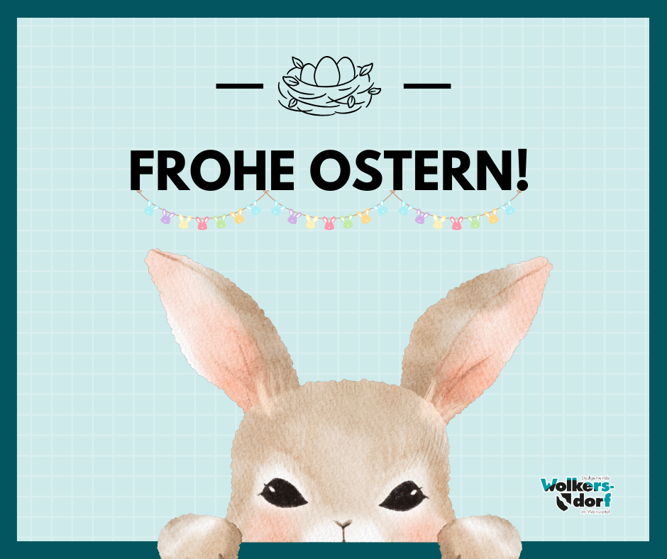 Eine Osterkarte mit einem Kaninchen, das über ein blaues Quadratraster schaut. Über dem Kaninchen befindet sich ein Nest mit Eiern und einer Schnur bunter Ostereier. Die Worte 'FROHE OSTERN!' sind in großen schwarzen Buchstaben über dem Kaninchen geschrieben.
