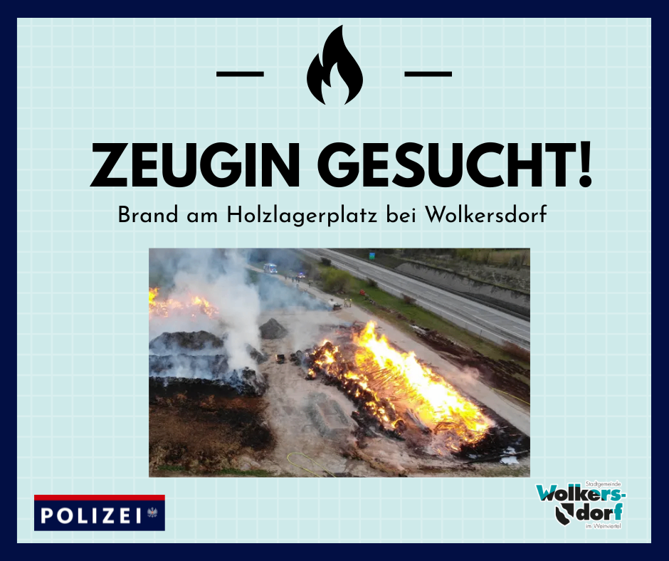 Ein Bild von einem großen Feuer mit Rauch, begleitet von einem Zeugenaufruf. Es befindet sich am Straßenrand in der Nähe eines Holzlagerplatzes. Das Bild enthält auch das Logo einer Polizeidienststelle.