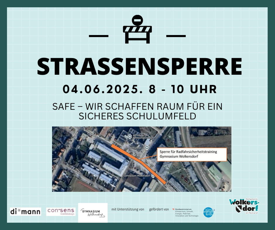 Plakat für eine Straßensperrung am 4. Juni 2025 von 8 bis 10 Uhr. Der Text lautet 'STRASSENSPERRE'. Eine Luftaufnahme des Gebiets zeigt einen hervorgehobenen Weg für Fahrradtraining. Logos von Sponsoren und Unterstützern sind unten abgebildet.