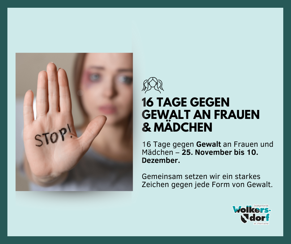 Bild zeigt eine Hand mit dem Wort Stop geschrieben. 16 Tage gegen Gewalt an Frauen. 25. November bis 10. Dezember.
