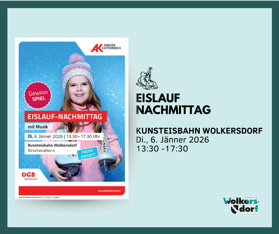 Ein Eislauf-Nachmittag mit Musik am 6. Jänner 2026 von 13:30 bis 17:30 Uhr in der Kunsteisbahn Wolkersdorf. Freier Eintritt.