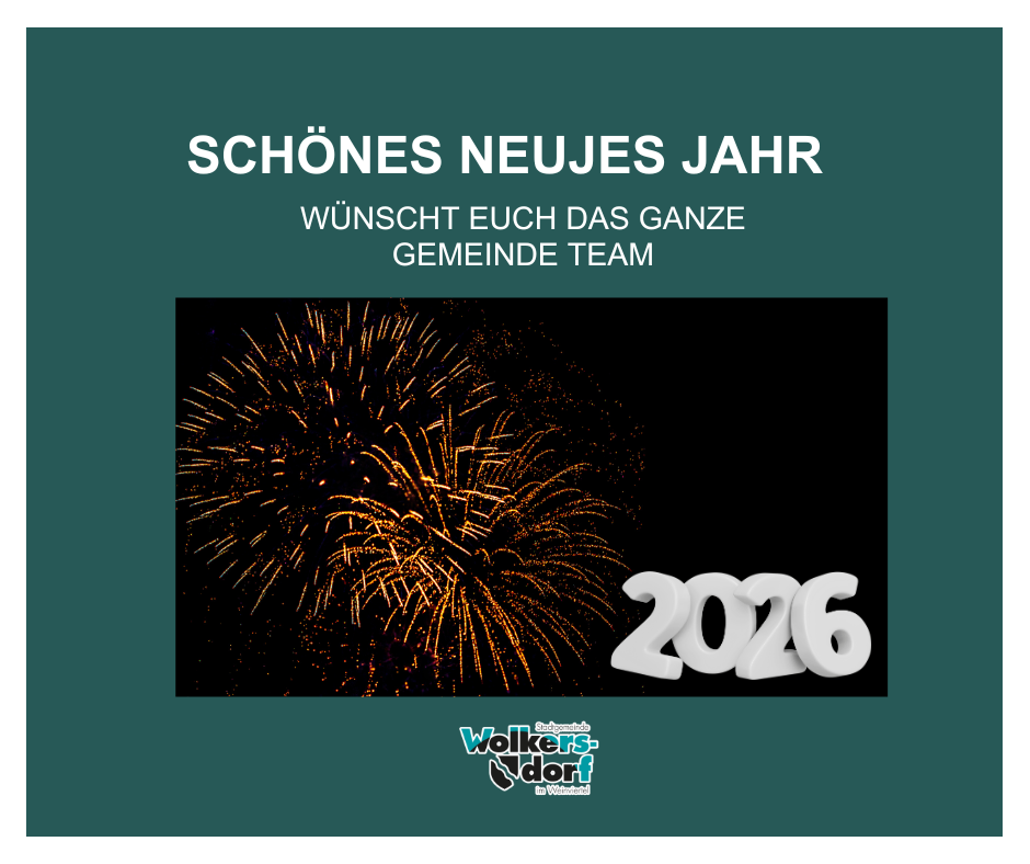 Ein Silvesterfeuerwerk wird mit dem Jahr 2026 in Weiß auf schwarzem Hintergrund gezeigt. Oben steht 'Schönes Neues Jahr' auf Deutsch. Unten ist das 'Walkers Dorf' Logo zu sehen.