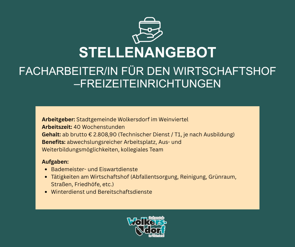 Stellenangebot für Facharbeiter/in für den Wirtschaftshof – Freizeiteinrichtungen. Arbeitgeber: Stadtgemeinde Wolkersdorf im Weinviertel. Arbeitszeit: 40 Wochenstunden. Gehalt: ab brutto € 2.808,90 (Technischer Dienst / T1, je nach Ausbildung). Benefits: Wechselschicht, Urlaubs- und Weiterbildungsmöglichkeiten, kollegiales Team. Aufgaben: Bademeister- und Instandhaltungsdienste, Tätigkeiten am Wirtschaftshof (Abfallentsorgung, Reinigung, Grünraum, Straßen, Friedhöfe, etc.), Winterdienst und Betriebsdienst.