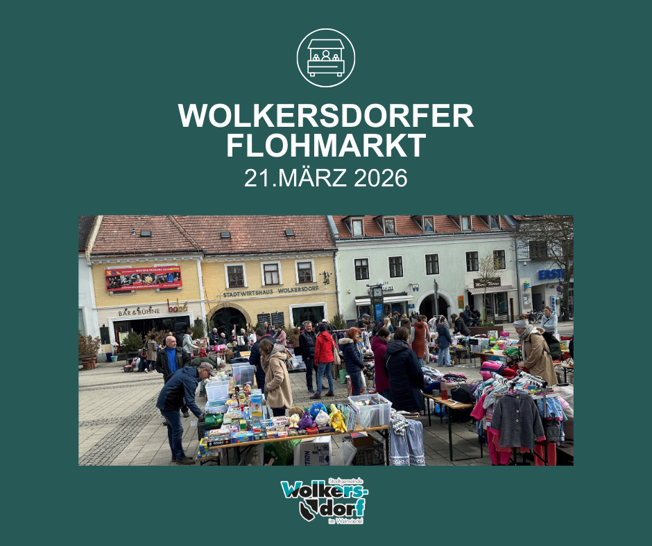 Plakat für den Walkersdorfer Flohmarkt am 21. März 2026 mit einem geschäftigen Outdoor-Markt, Ständen und Leuten.