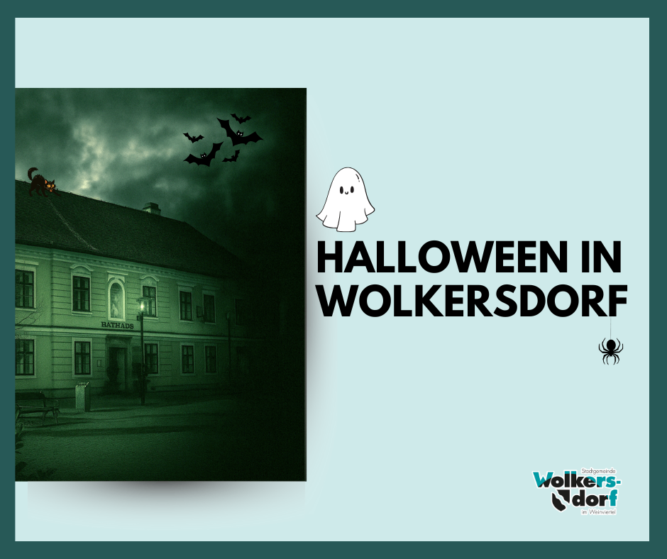 Halloween in Wolkersdor. Ein Gebäude mit BATHADIS auf dem Schild und einer Laterne. Fledermäuse fliegen oben. Eine Spinne auf der rechten Seite.