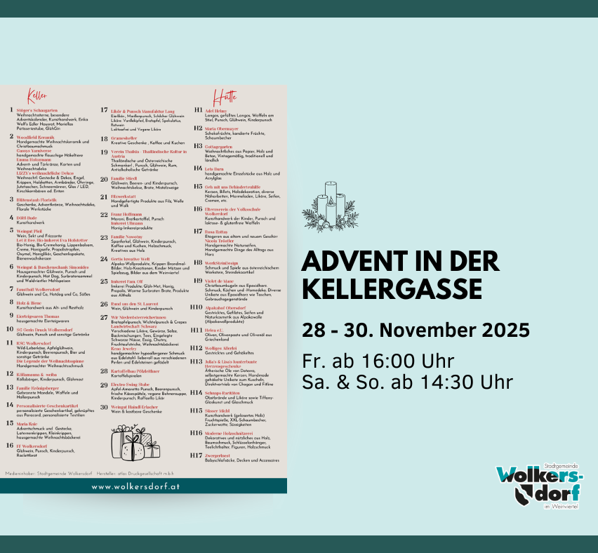 Poster advertising Advent in der Kellergasse, an event scheduled for November 28-30, 2025. The poster lists various dates, times, and activities for the event, along with a list of people's names. It also features a logo for the event.