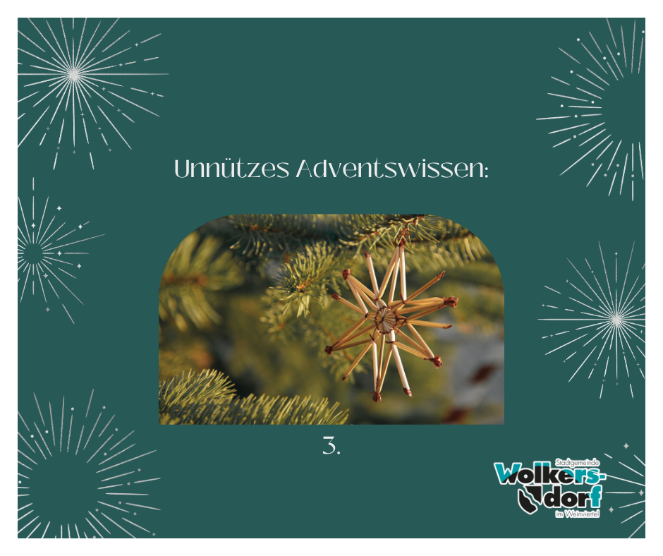 Ein Poster mit grünem Hintergrund zeigt einen handgefertigten Stern aus Streichhölzern, der an einem Tannenbaum hängt. Es wird von festlichen Feuerwerken und dem Text 'Unnutzes Adventswissen' begleitet. In der unteren rechten Ecke ist ein Logo zu sehen.