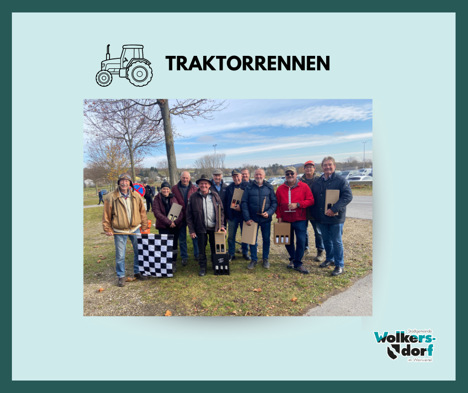 A group of people in hats and jackets are posing for a photo on a grassy field. They hold trophies and a checkered flag.