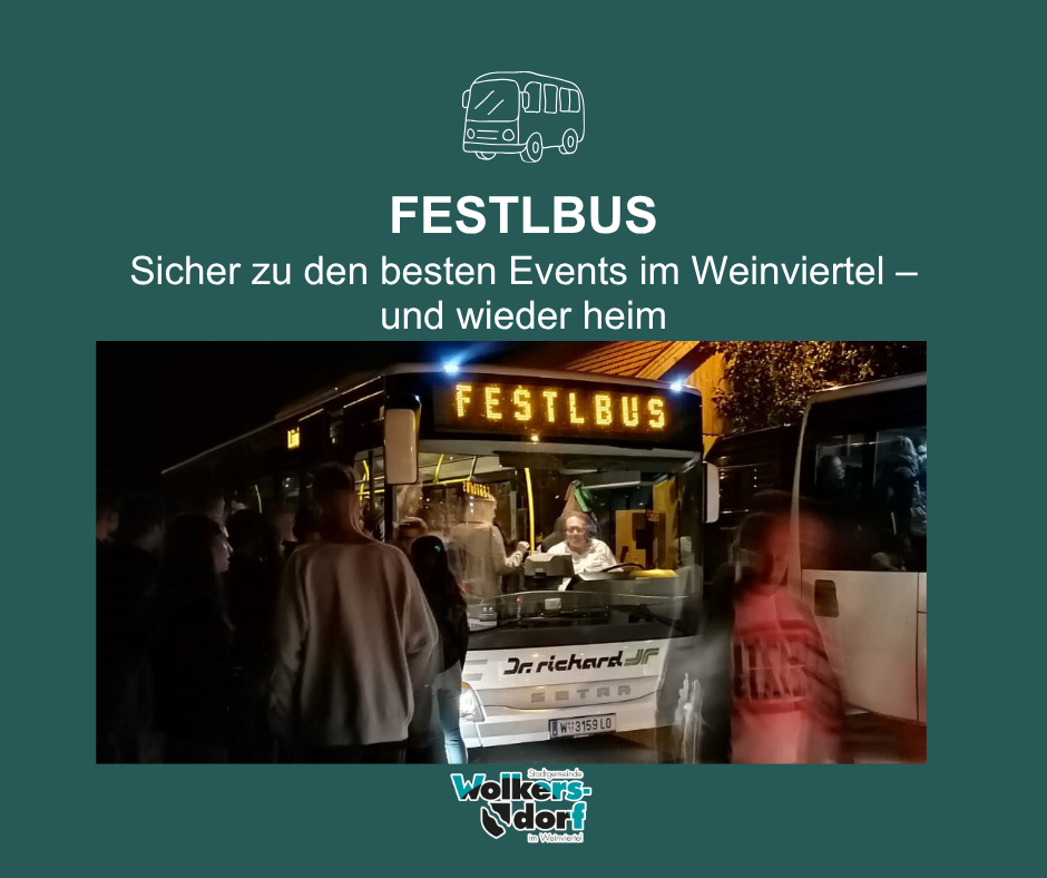 A Festlbus advertisement with a bus icon and text. Below, a bus is parked with people around it, one of whom is driving.