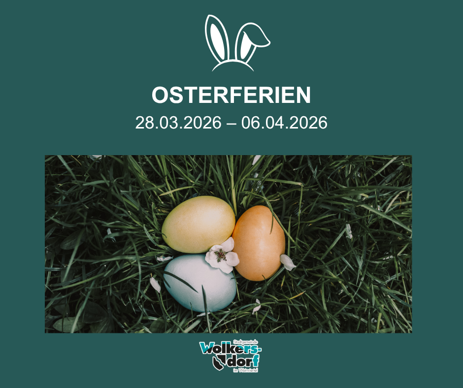 An image advertising Easter holidays from March 28, 2026 to April 6, 2026. Three Easter eggs on green grass with flowers.